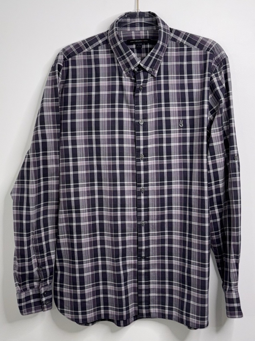 John Varvatos Plaid Button Down Shirt Peace Sign Logo Embroidered Mens Large